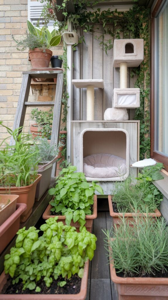 Balcony home decor meets cat-friendly design in a herb garden hideaway, complete with built-in perches, a playful mini cat tree, and rustic plant accents.