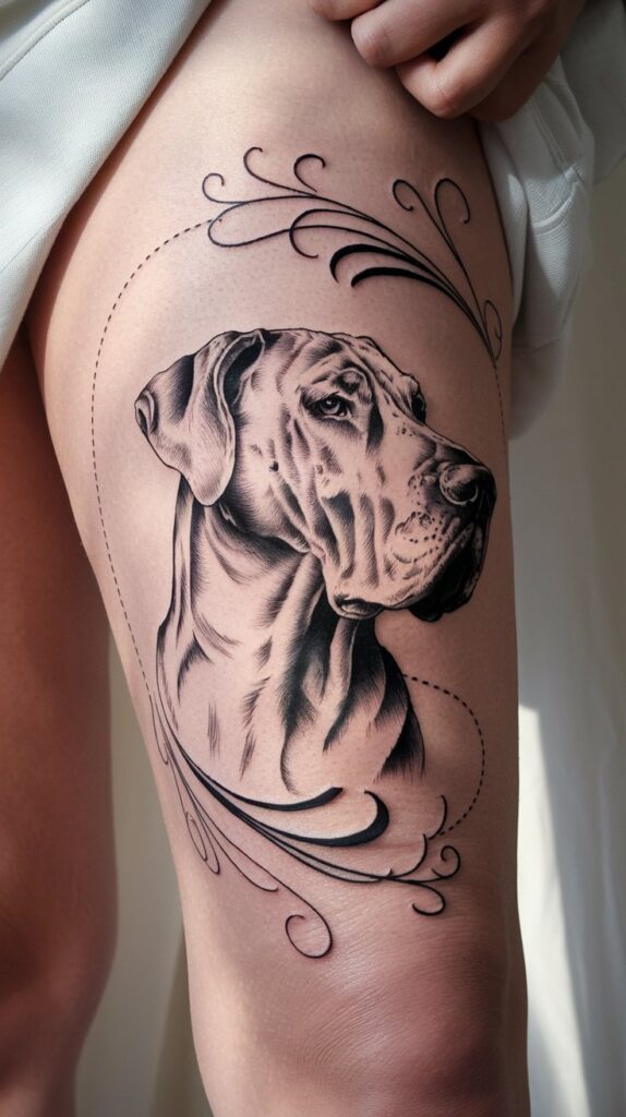 Black-ink dog portrait tattoo of a Great Dane, accented with intricate filigree patterns on the quad.