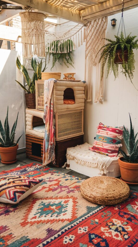 Boho-chic cat café design featuring colorful cushions, handwoven textiles, and artistic cat furniture in a playful, sunlit outdoor space with potted succulents.