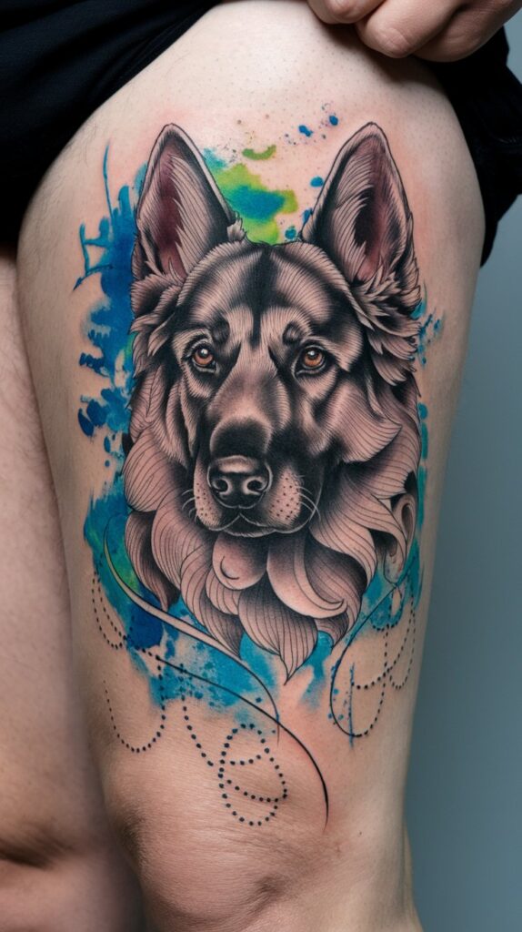 Bold and dynamic dog tattoo featuring a German Shepherd, accented with silhouetted pine trees and mist.