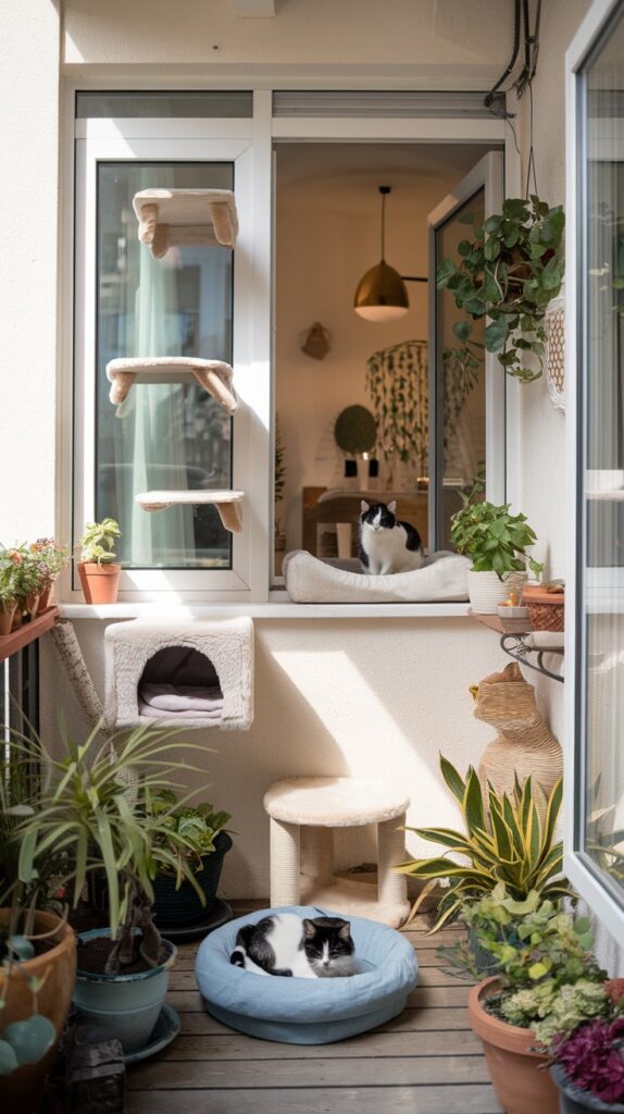 Bright apartment balcony transformed into a cat café retreat with custom-built perches, whimsical eco-cat tree, and two inquisitive cats amid vibrant home decor.