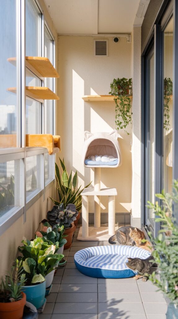 Chic outdoor cat café design on a sun-drenched balcony, blending modern cat furniture with potted succulents and comfortable pet spaces for feline relaxation.