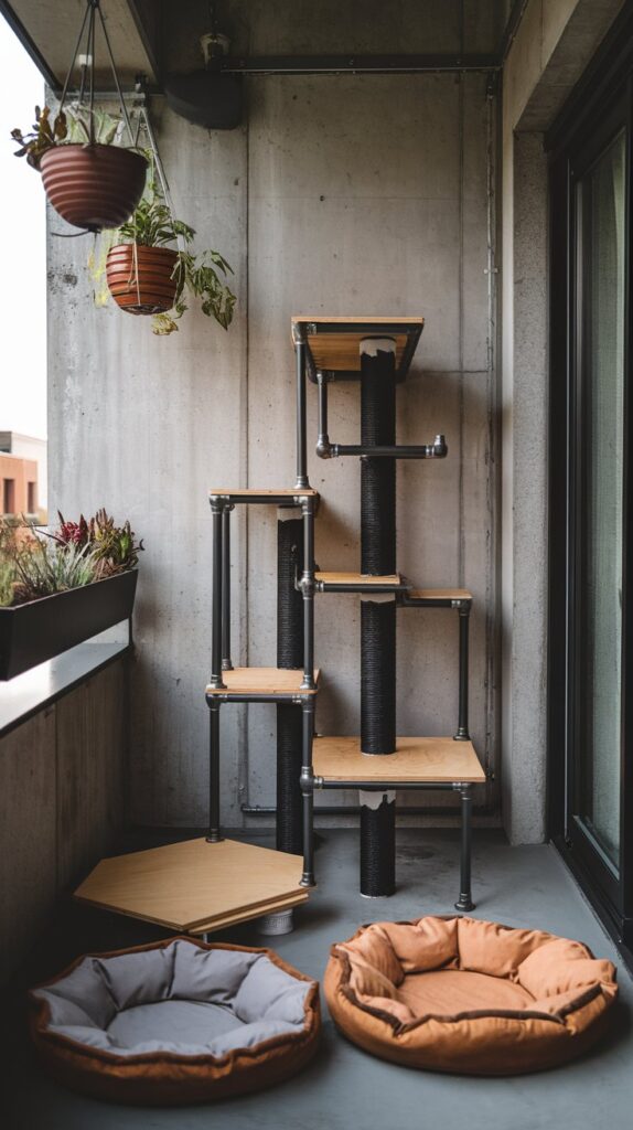 Modern industrial urban design on a balcony featuring edgy cat furniture, repurposed metal pipes, and durable pet bedding, perfect for stylish cat lovers.