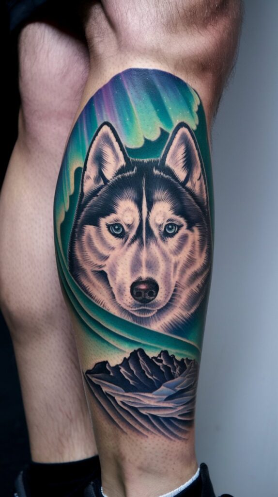 Creative hand tattoo alternative—Siberian Husky’s face framed within a glowing cosmic paw print.