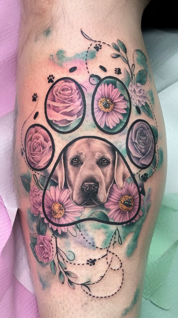 Cubist-style dog portrait tattoo of a Labrador, blending sharp angles and soft shading on the leg.