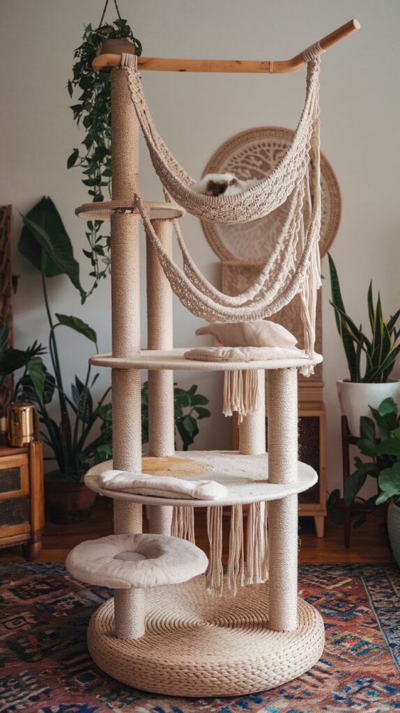 DIY cat trees - Bohemian macramé cat tower with woven hammocks, rattan-wrapped posts, and plush cushion perches.