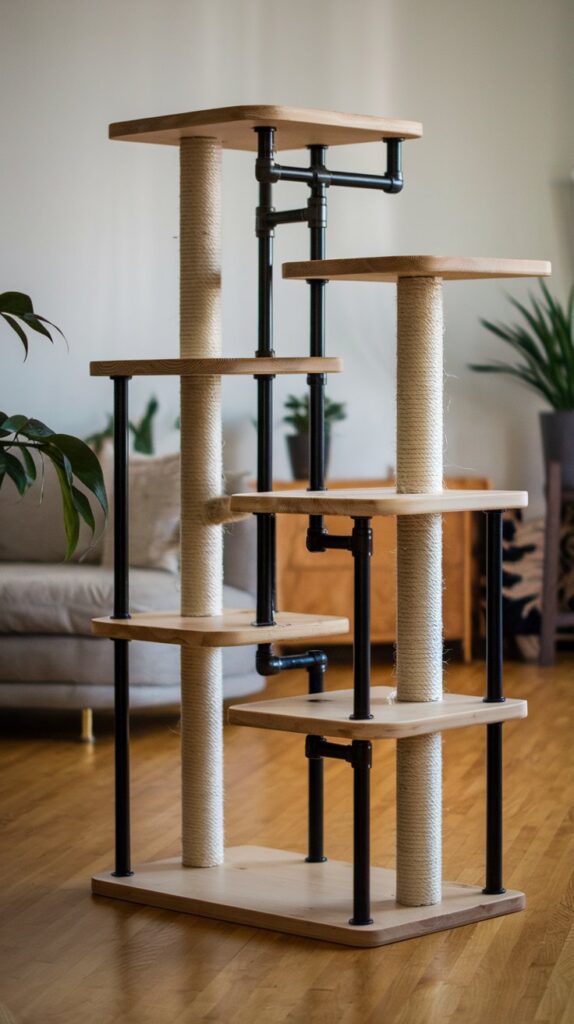 Modern DIY cat trees project Industrial style with rope-wrapped pipes and multi-tiered platforms for active cat exercise.