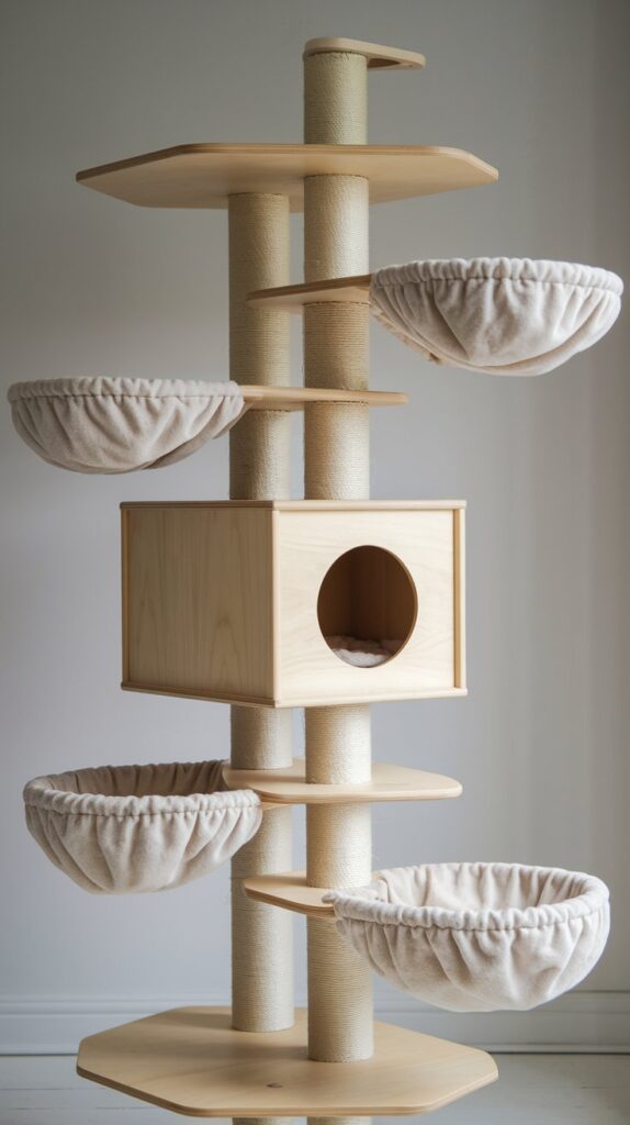 Modern DIY cat trees Scandinavian design featuring floating platforms and neutral tones for cat comfort and style.