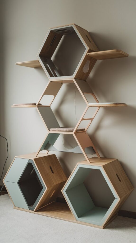 DIY cat trees - Modern geometric cat tower with hexagonal platforms and sleek wood design for contemporary feline play.