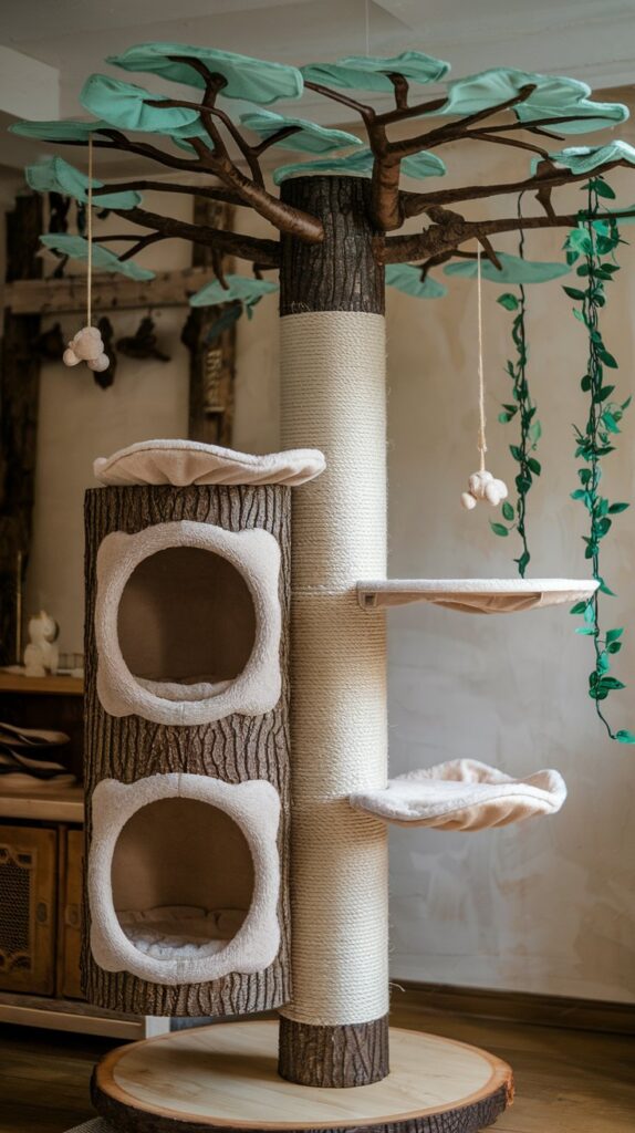 DIY cat trees - Rustic tree-inspired cat tower with sisal-wrapped trunk and leaf perches for climbing and scratching.