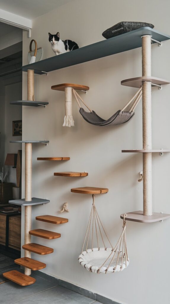 DIY cat trees design Floating shelf cat wall with multi-level wooden platforms, ideal for stimulating feline exercise.