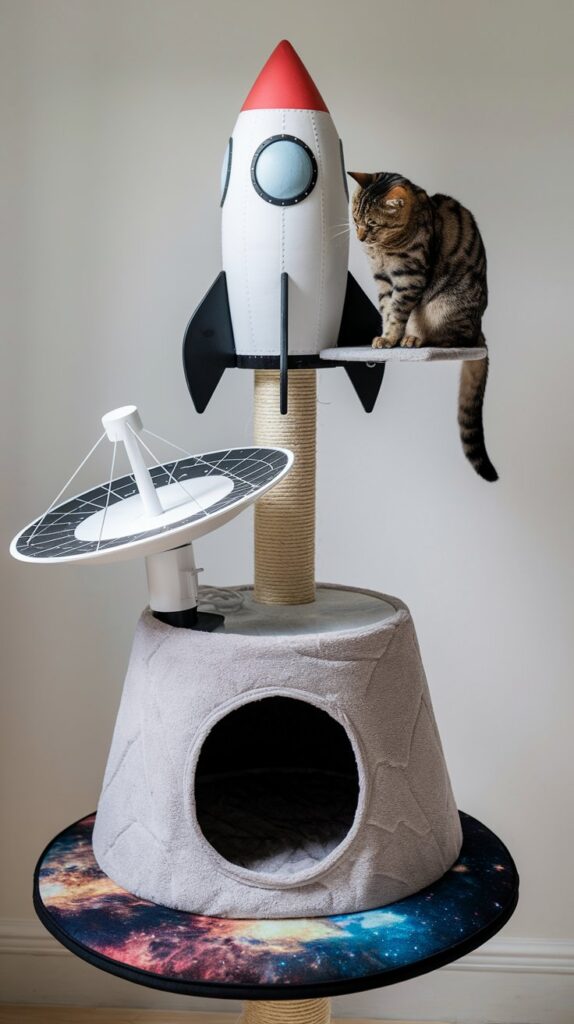 DIY cat trees - Cosmic cat tower with space motifs and nebula accents, offering a unique, playful environment for cats.