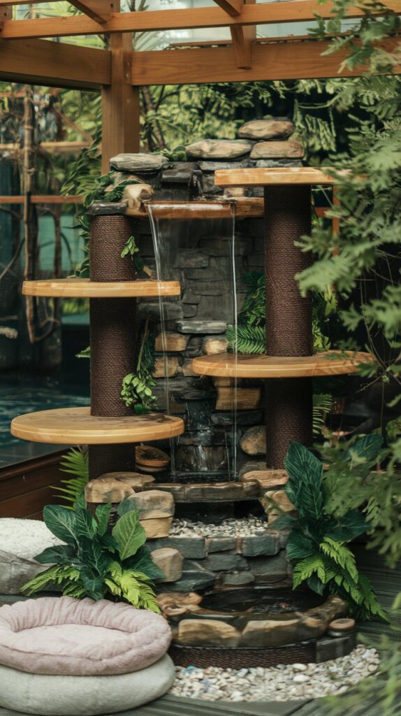 DIY cat trees project Zen cat tower featuring a mini waterfall and serene design for feline relaxation and stylish decor.