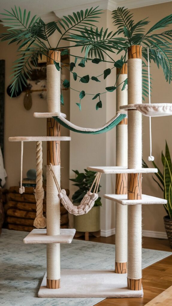 DIY cat trees – Jungle-inspired tropical tree cat tree with bamboo posts and vine elements, perfect for stimulating cat exercise.