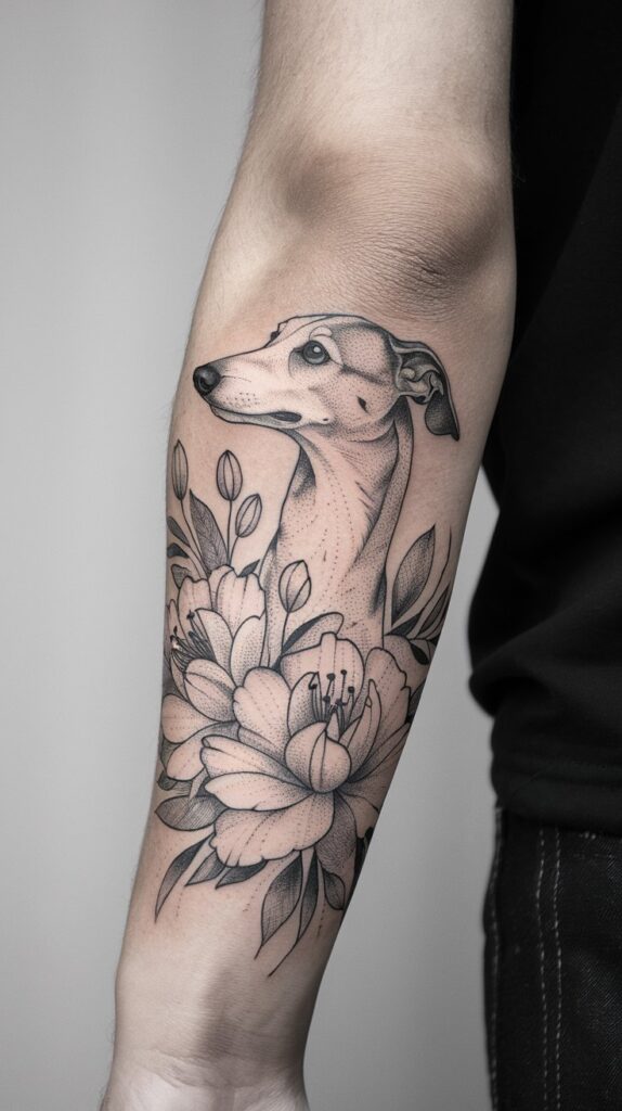 Delicate pet memorial tattoo of a Greyhound, framed by soft floral arrangements for a heartfelt tribute.