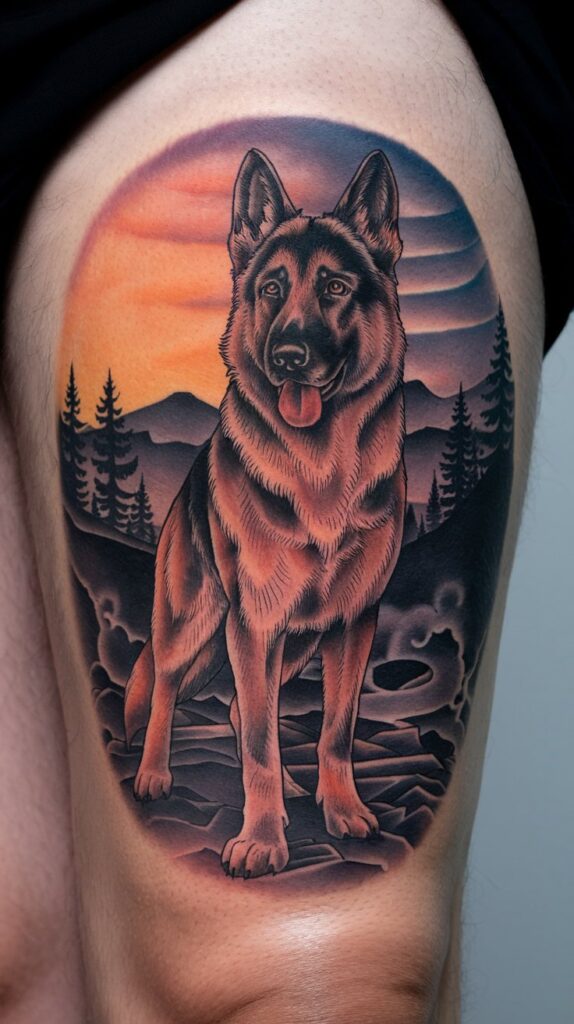 Detailed German Shepherd thigh tattoo with soft shading, misty elements, and a scenic forest backdrop.