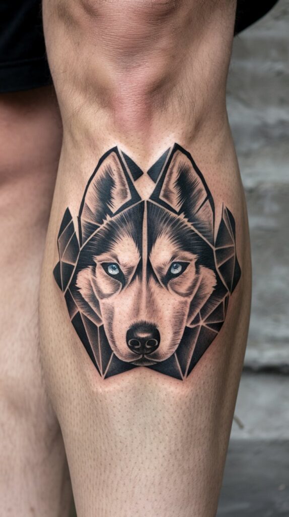 Dynamic hand tattoo alternative—geometric dog tattoo with a futuristic paw design and intense blue eyes.