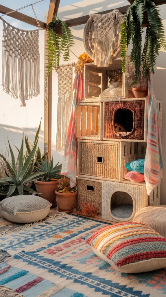 Eclectic bohemian home decor and a custom-built cat castle made from boxes and other boho decor