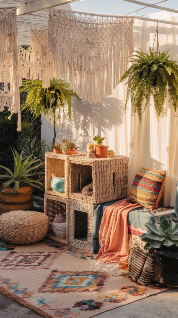 Eclectic bohemian home decor on a balcony with vibrant outdoor rugs, macramé hangings, and a custom-built cat castle made from repurposed crates and woven baskets.