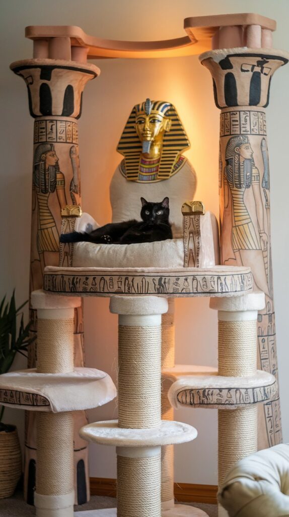 Luxurious cat furniture modeled after an Egyptian temple, complete with throne-top lounge and desert-themed accents