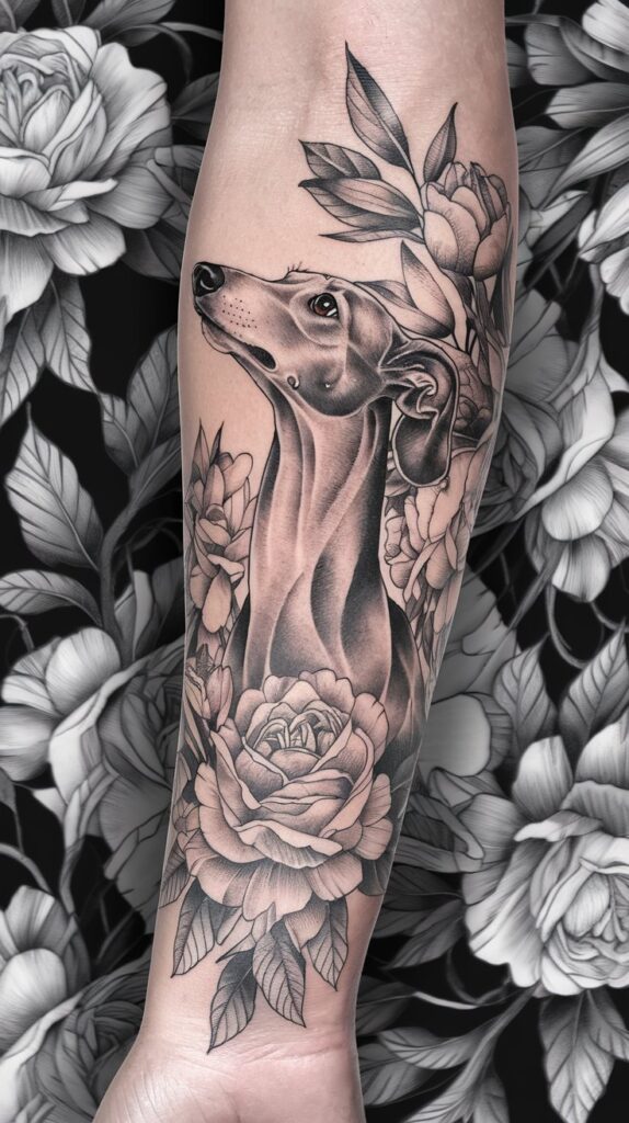 Floral dog tattoo featuring a Greyhound's soulful gaze, accentuated by blooming roses and vines.