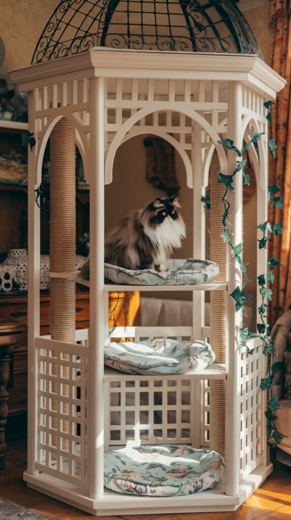 Fluffy Persian cat relaxing on a Victorian-inspired gazebo tower, showcasing DIY cat furniture at its most stylish.