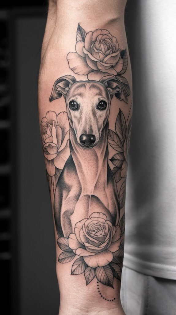 Graceful Greyhound tattoo on the forearm, enhanced by stipple shading and flowing flower patterns.