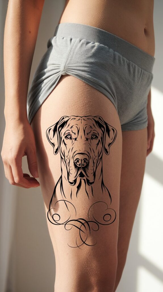 Great Dane thigh tattoo with Victorian-inspired details, blending realism and ornamental flourishes.