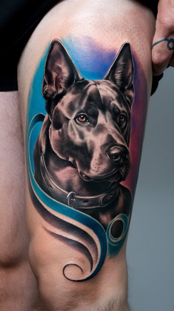 Hyper-realistic black dog tattoo on thigh with blue and purple background, featuring a strong-muzzled canine with intense amber eyes and artistic swirl details.