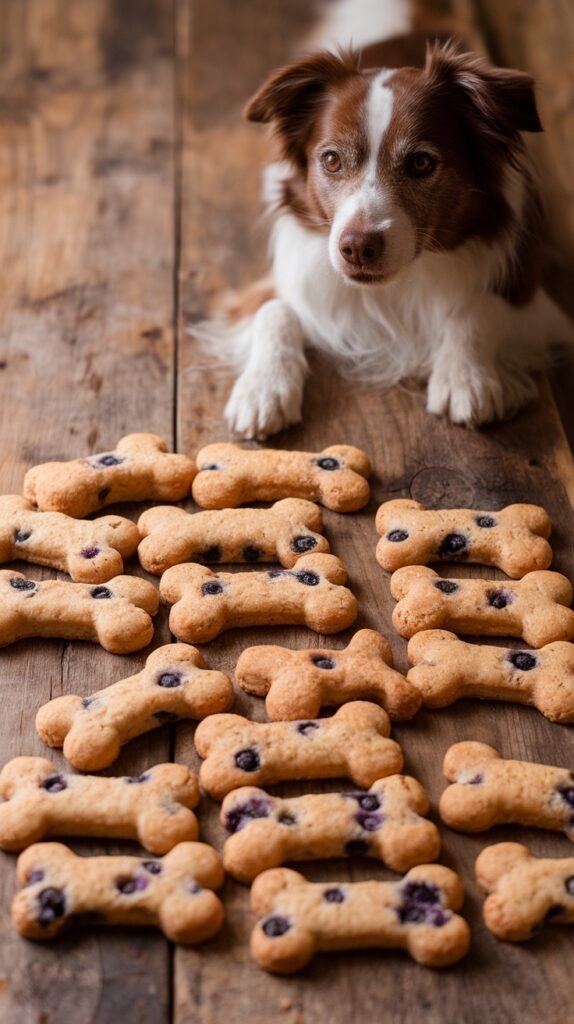 Image showing a dog looking at the final result of Blueberry and Oat Dog Biscuits