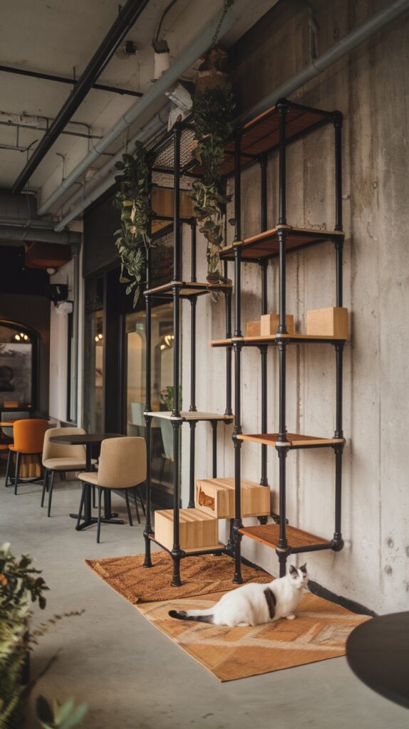 Contemporary industrial cat café with exposed concrete, reclaimed wood cat furniture, and hanging planters, creating a unique urban home decor setting for cats