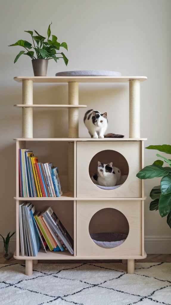 Innovative DIY cat trees Bookshelf cat tower design that doubles as storage and a fun climbing space for feline health.