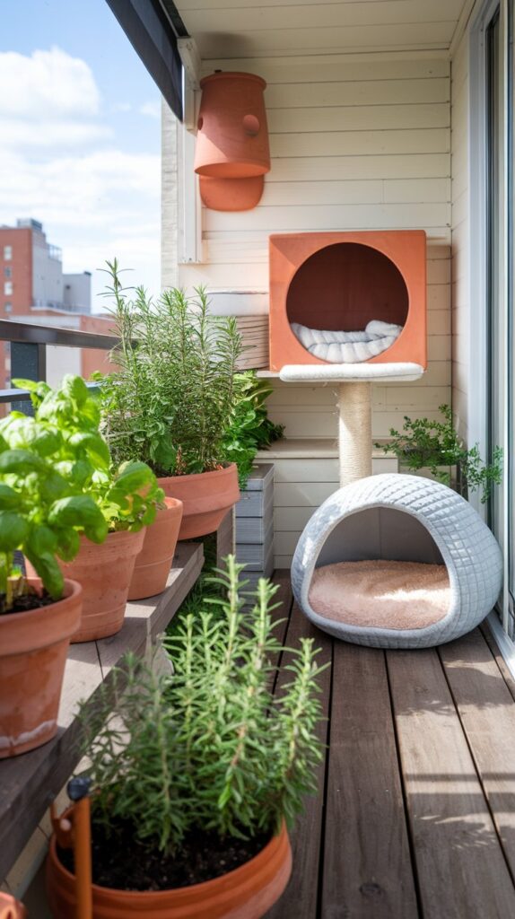 Inviting herb garden hideaway on a balcony combining natural home decor elements, aromatic basil and mint, and custom cat furniture for playful feline moments.