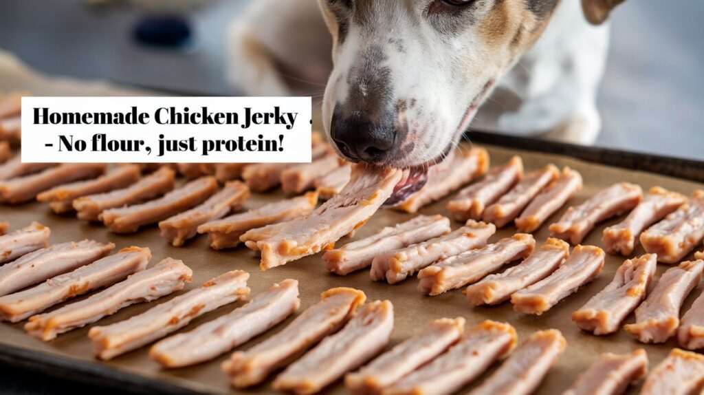 Long, golden-brown chicken jerky strips neatly arranged on a baking rack or parchment paper as one of the homemade dog treats without flour