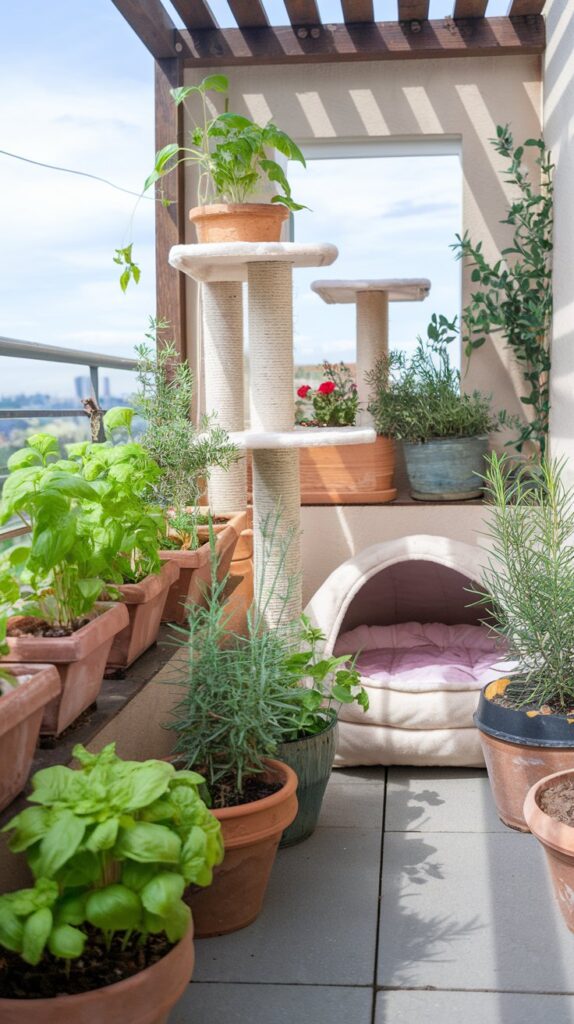 Lush herb garden balcony setting with terracotta pots, custom cat furniture, and built-in window perches, offering a refreshing space for cats and home decor enthusiasts.