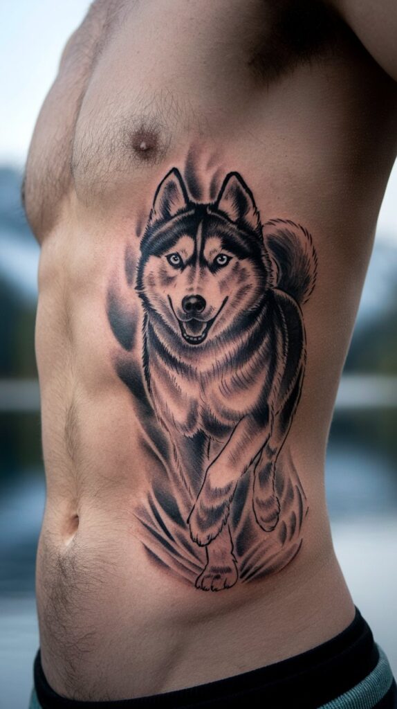 Majestic Husky rib tattoo with intricate fur details and natural movement, symbolizing loyalty and guardianship.