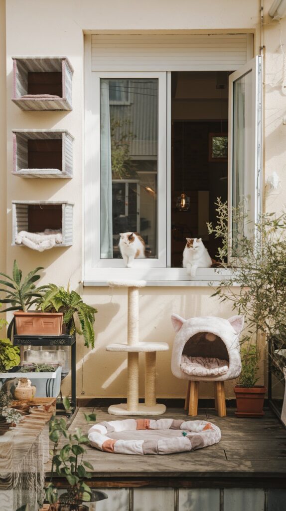 Modern balcony oasis combining playful cat furniture and natural decor, featuring sunlit window perches, a miniature cat tree, and two golden-lit cats enjoying the view.