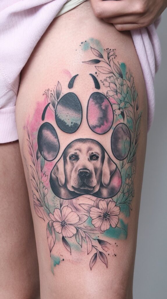 Modern dog tattoo featuring a fragmented Labrador design, resembling a stained-glass pattern.