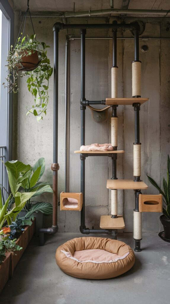 Modern industrial urban design on a balcony featuring edgy cat furniture, repurposed metal pipes, and durable pet bedding, perfect for stylish cat lovers.