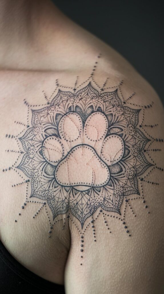 Pet memorial tattoo blending a dreamy watercolor paw print with a delicate fine-line dog portrait.