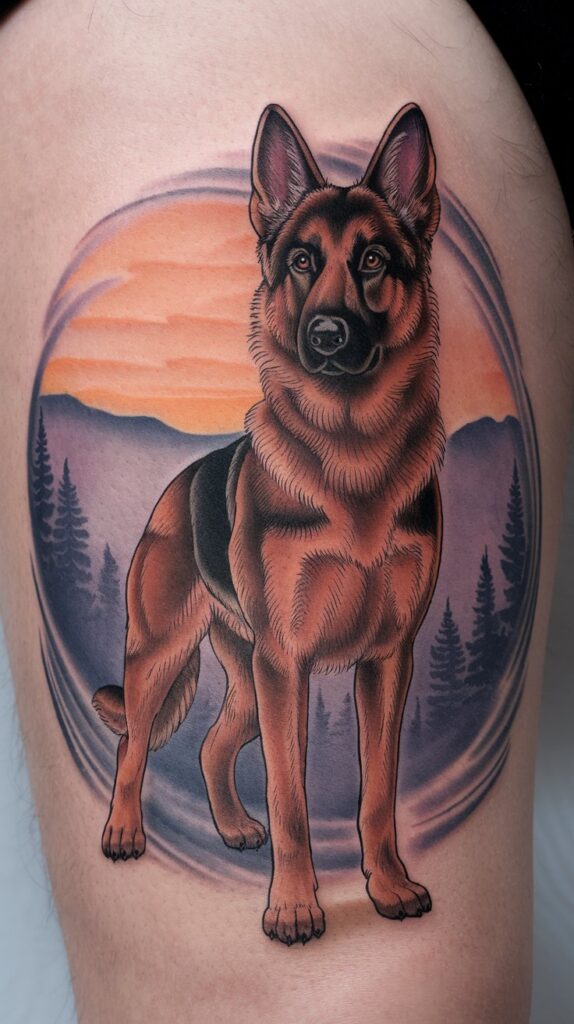 Pet memorial tattoo of a German Shepherd, symbolizing loyalty and protection with warm sunset hues.