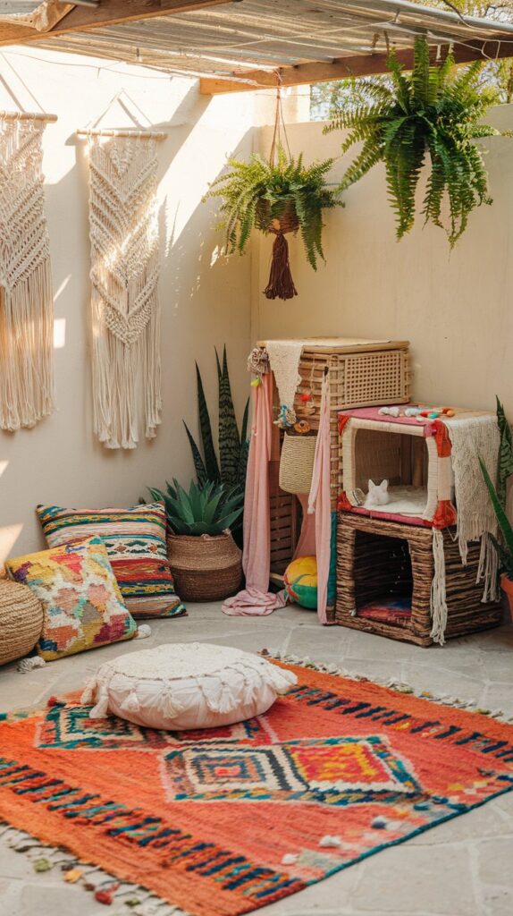 Playful bohemian rhapsody on a balcony with patterned outdoor rugs, eclectic cat furniture, and draped fabrics that form an artistic, inviting cat-friendly space.