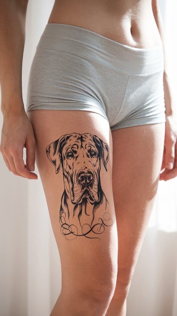 Powerful Great Dane tattoo with high-contrast shading and scroll designs wrapping around the leg.