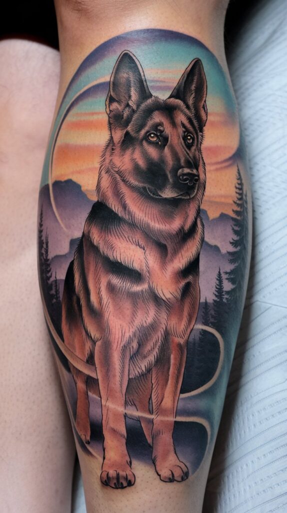 Realistic dog portrait tattoo of a German Shepherd, framed by a dusk-inspired background on the leg.