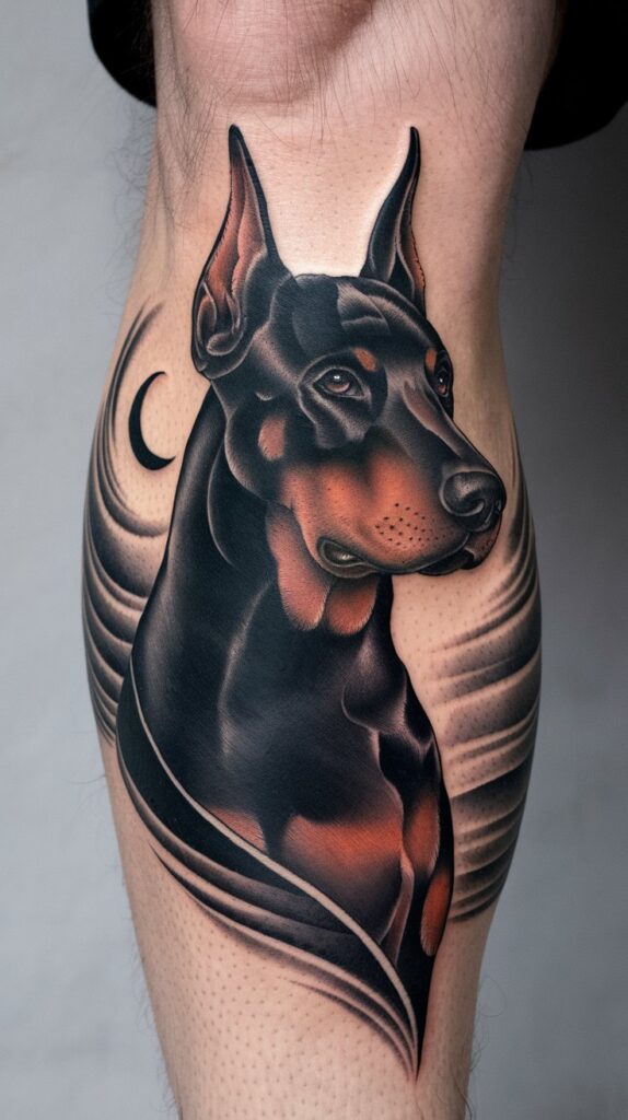 Regal Doberman tattoo on the quad, featuring a crescent moon and smoky shadows for a bold, mysterious look.