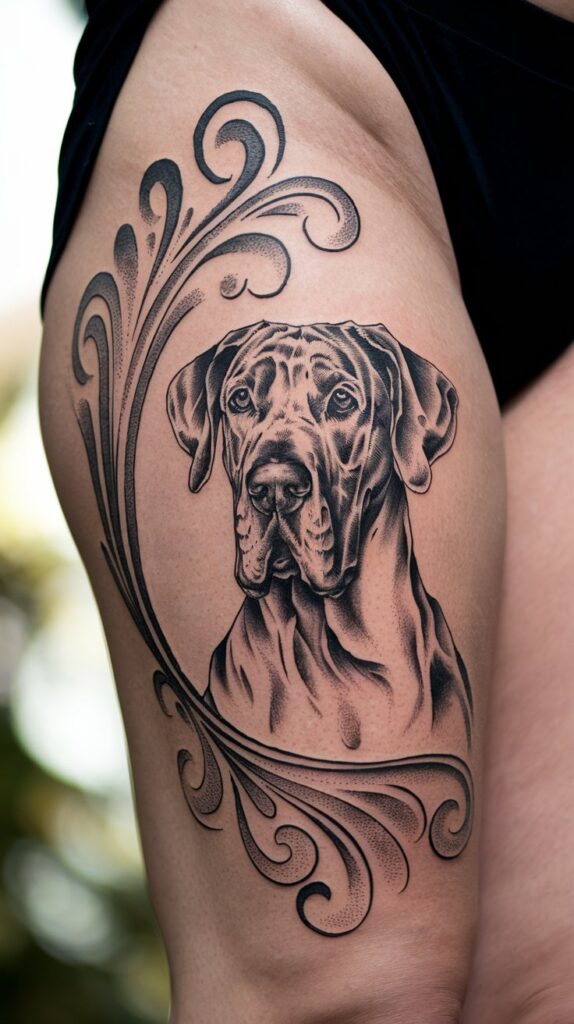 Black-ink dog portrait tattoo of a Great Dane, accented with intricate filigree patterns on the quad.