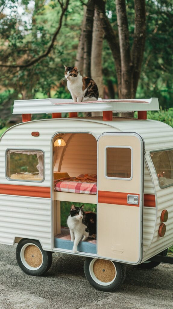 Road trip-inspired DIY cat trees Camper van design with a mini RV style, perfect for playful cats and unique home decor.