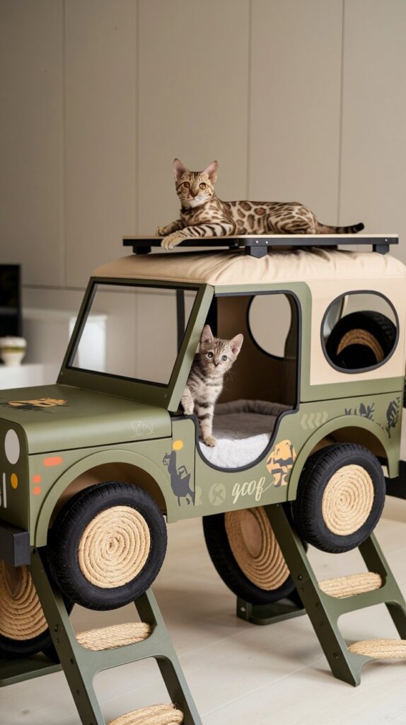 Safari jeep-inspired cat tower with rope-tire scratching posts, climbing ramps, and a hidden cabin for feline exploration.