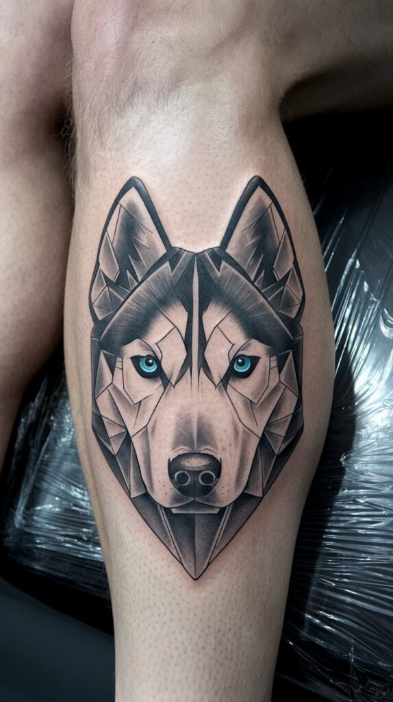 Small dog tattoo alternative—sleek, crystal-like paw print with fine-line details and piercing blue Husky eyes.