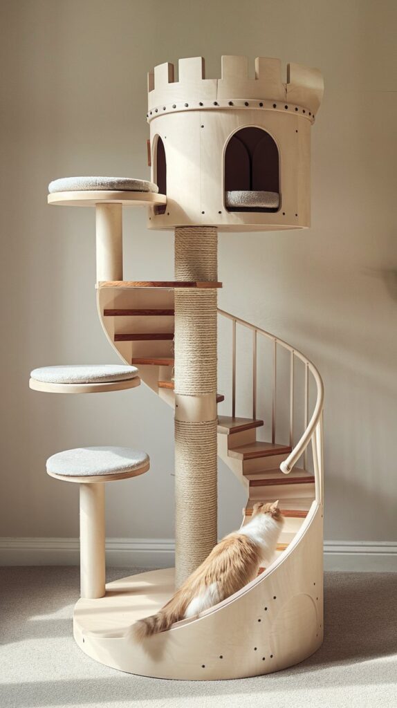 Spiral wooden cat tree featuring round platforms, stone-like cushions, and iron hardware—a nod to medieval castle decor.